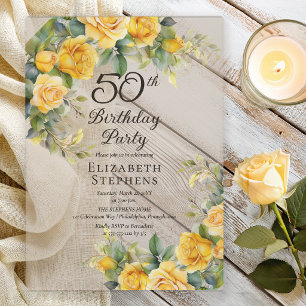 Elegant Yellow Rose 50th Birthday Party Acrylic Invitations