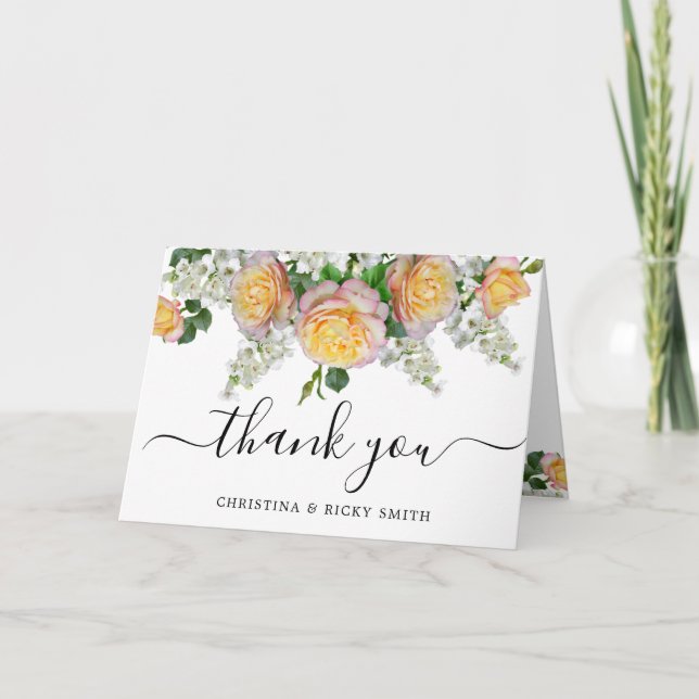 Elegant Yellow Rose Bouquet Flowers Wedding Thank  Thank You Card (Front)