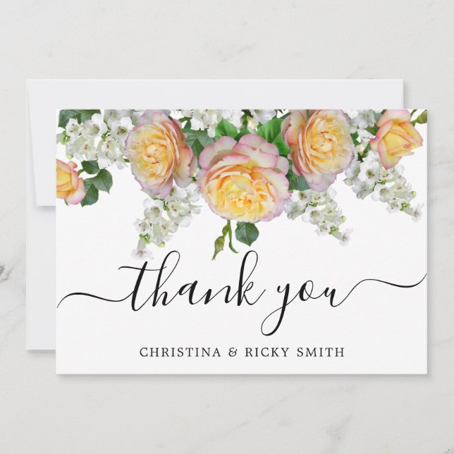 Elegant Yellow Rose Bouquet Flowers Wedding Thank You Card (Front)