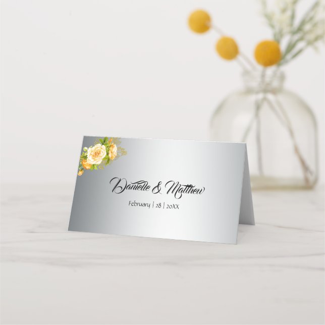 Elegant Yellow Rose Bouquet on Silver Wedding Place Card (Back)