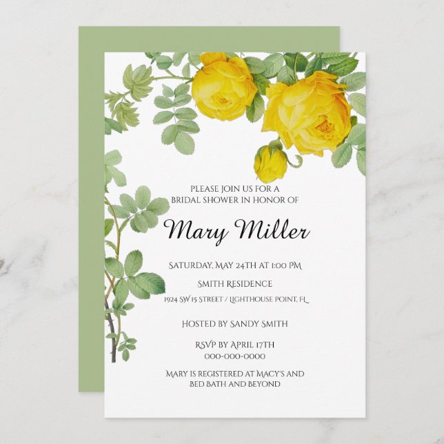 Elegant Yellow Rose Bridal Shower Invitation (Front/Back)