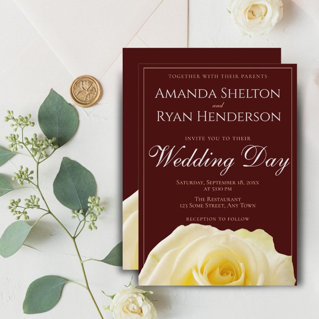 Elegant Yellow Rose Burgundy Floral Wedding Invitation (Creator Uploaded)