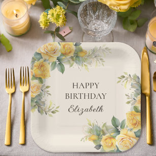 Elegant Yellow Rose Floral Birthday Party Paper Plate