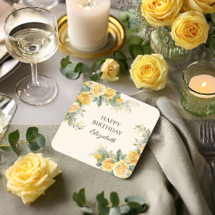 Elegant Yellow Rose Floral Birthday Party Square Paper Coaster