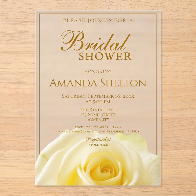Elegant Yellow Rose Floral Bridal Shower Acrylic Invitations (Front)
