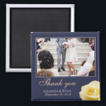 Elegant Yellow Rose Floral Photo Thank you Wedding Magnet<br><div class="desc">A favour wedding magnet with a wedding photo, bride and groom names and wedding date. Personalise with your wedding photo and other details. The text is in a script and the background is dark navy blue. A floral favour magnet with a beautiful yellow rose. An elegant and stylish thank you...</div>
