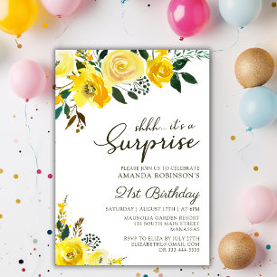 Elegant Yellow Rose Floral Surprise 21st Birthday Invitation