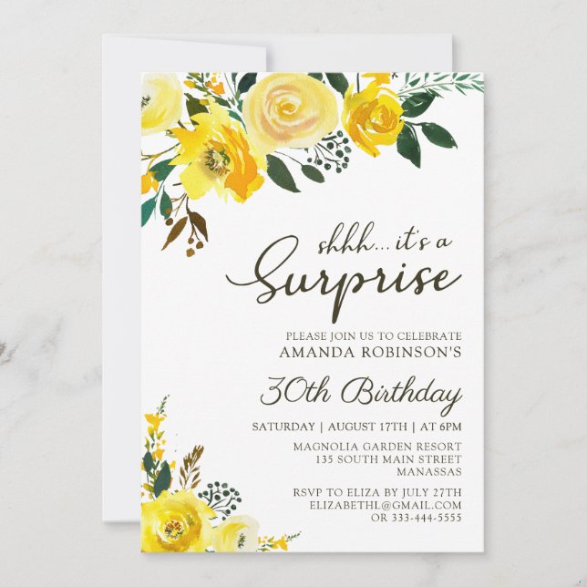 Elegant Yellow Rose Floral Surprise 30th Birthday Invitation (Front)