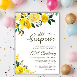 Elegant Yellow Rose Floral Surprise 50th Birthday Invitation
