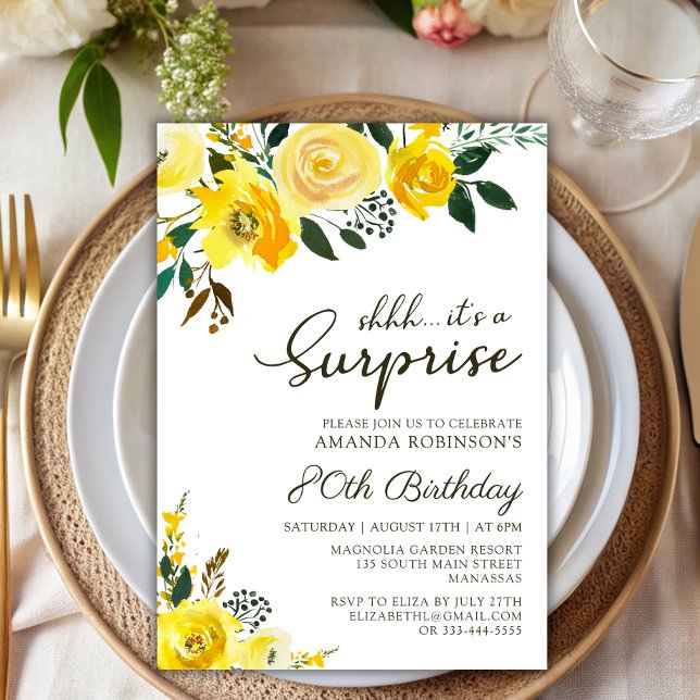 Elegant Yellow Rose Floral Surprise 80th Birthday Invitation (Creator Uploaded)