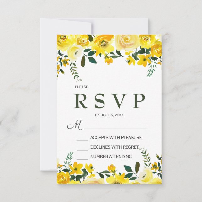 Elegant, yellow rose floral wedding RSVP card (Front)