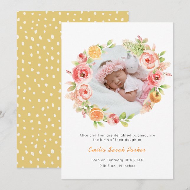 Elegant Yellow Rose Floral Wreath Photo Birth  Announcement (Front/Back)