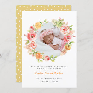 Elegant Yellow Rose Floral Wreath Photo Birth Announcement