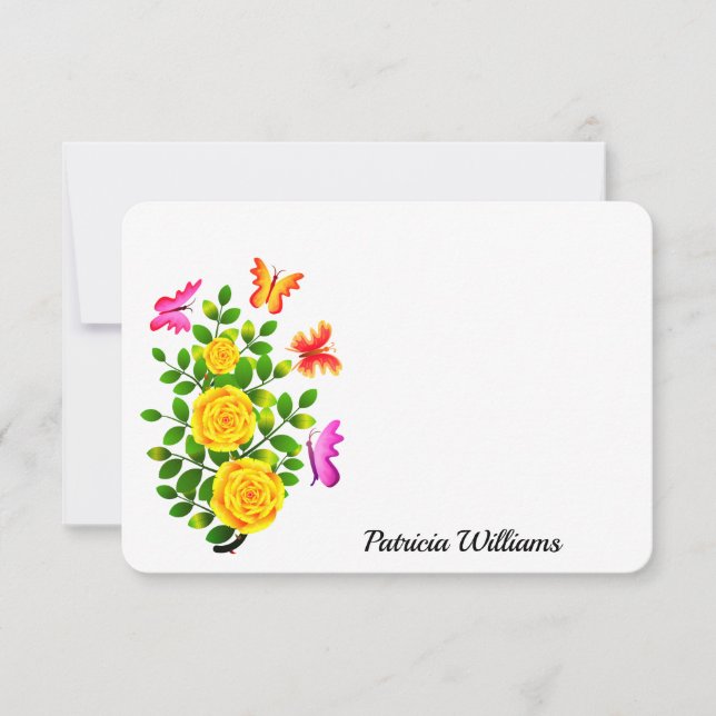 Elegant Yellow Rose Flower With Butterfly Card (Front)
