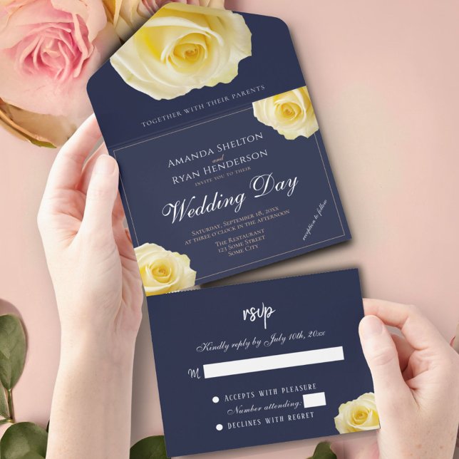 Elegant Yellow Rose Midnight Blue Floral Wedding  All In One Invitation (Creator Uploaded)