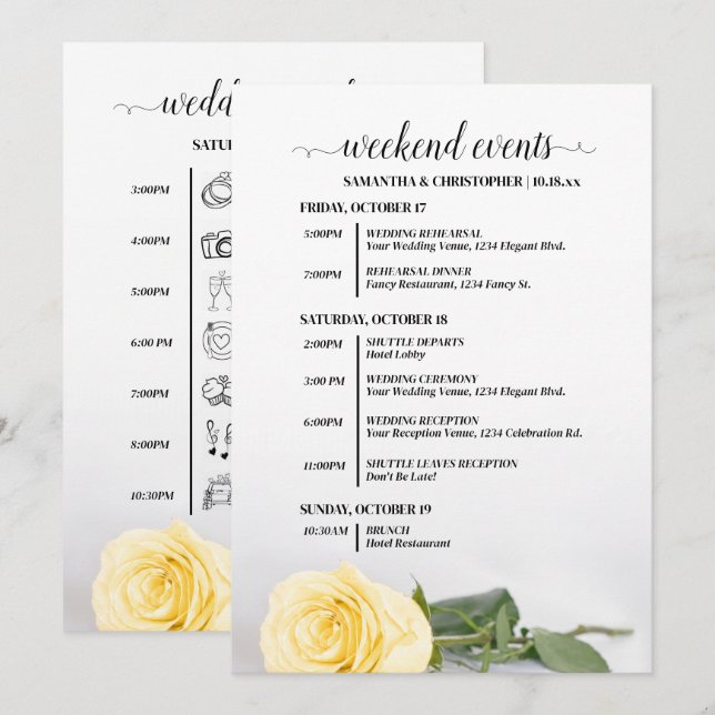 Elegant Yellow Rose Wedding Events & Timeline Programme (Front/Back)