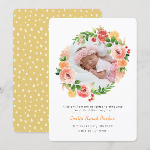 Elegant Yellow Rose Wreath Floral Photo Birth Announcement