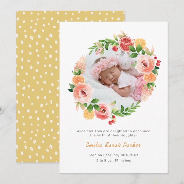 Elegant Yellow Rose Wreath Floral Photo Birth  Announcement (Front/Back)
