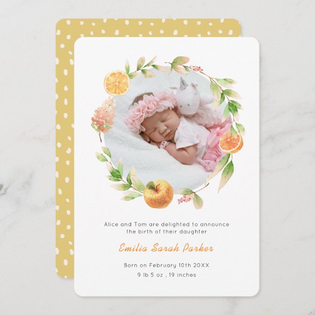 Elegant Yellow Rose Wreath Floral Photo Birth  Announcement (Front/Back)