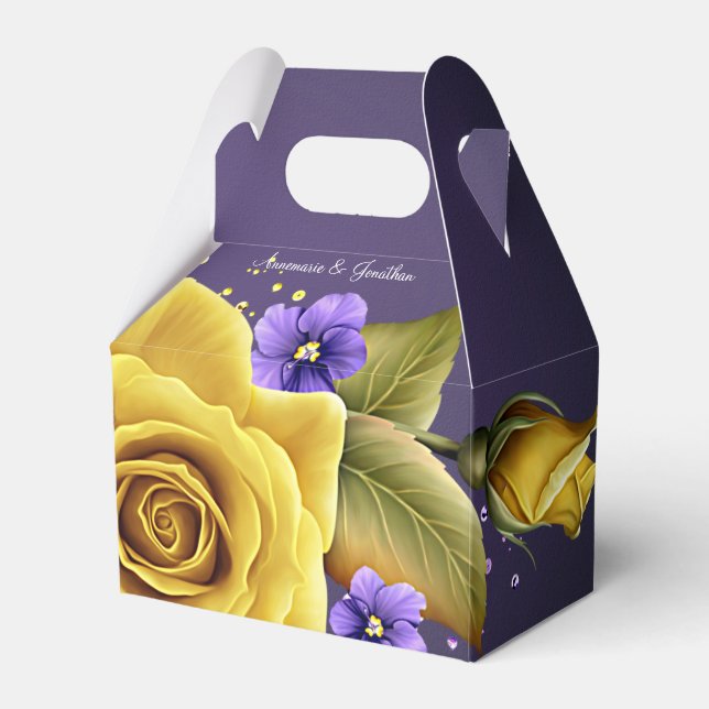 Elegant Yellow Roses and Purple Violets Wedding Favour Box (Front Side)