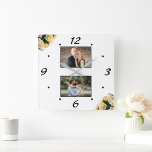 Elegant Yellow Roses Couple 2 Photo Collage  Square Wall Clock