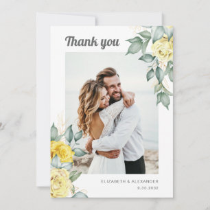 Elegant yellow roses floral greenery wedding photo thank you card