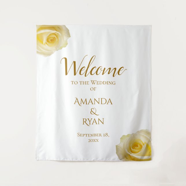 Elegant Yellow Roses Floral Wedding Backdrop Tapestry (Front)