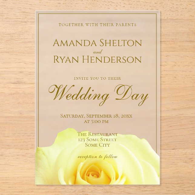 Elegant Yellow Roses Flower Floral Wedding Acrylic Invitations (Front)