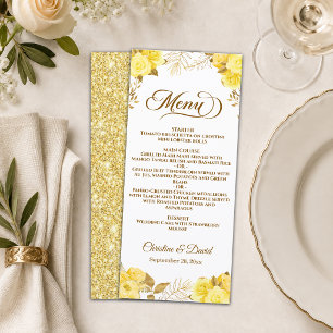 Elegant Yellow Roses Gold Leaves Wedding Menu