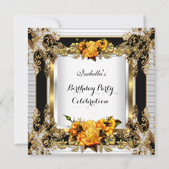 Elegant Yellow Roses Gold White Black Birthday 2 Invitation (Front)