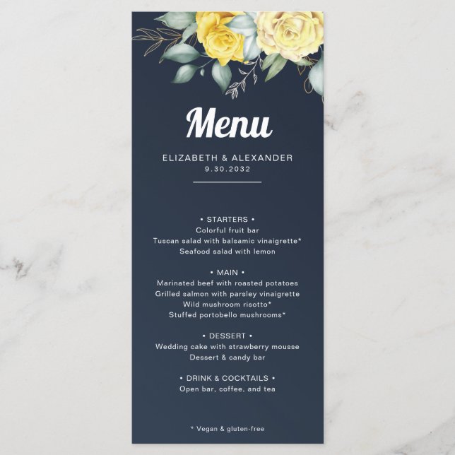 Elegant yellow roses navy blue watercolor wedding menu (Front)