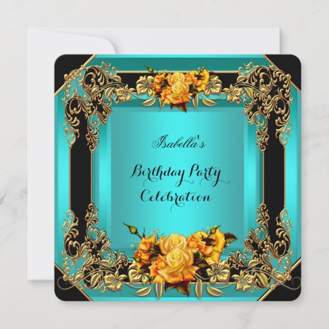 Elegant Yellow Roses Teal Gold Black Birthday Invitation (Front)