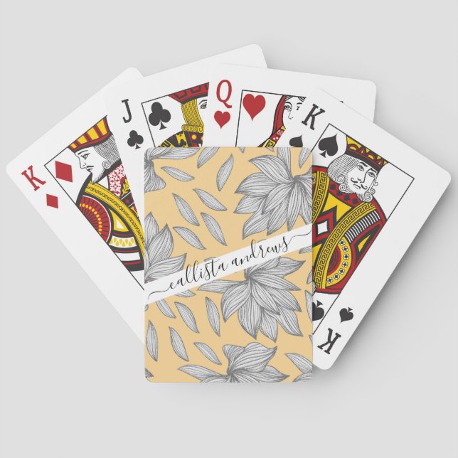 Elegant Yellow Silver Glitter Floral Line Art Playing Cards (Back)
