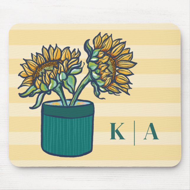 Elegant Yellow Striped Monogram Sunflower  Mouse Mat (Front)