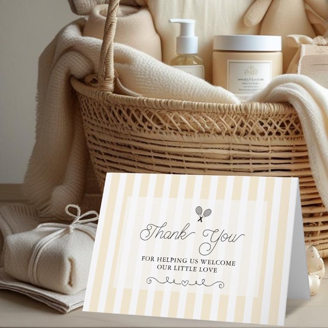 Elegant Yellow Striped Tennis Thank You Cards (elegant yellow striped preppy chic baby shower thank you cards for country club events)