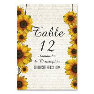 Elegant yellow sunflower country floral wedding table number