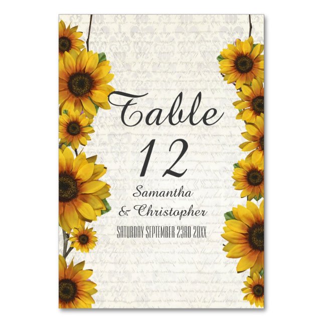 Elegant yellow sunflower country floral wedding table number (Front)