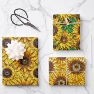 Elegant Yellow Sunflower Mosaic Glass Patterns Wrapping Paper Sheet