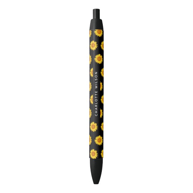 Elegant Yellow Sunflower Script Name Monogram Black Ink Pen (Front Vertical)