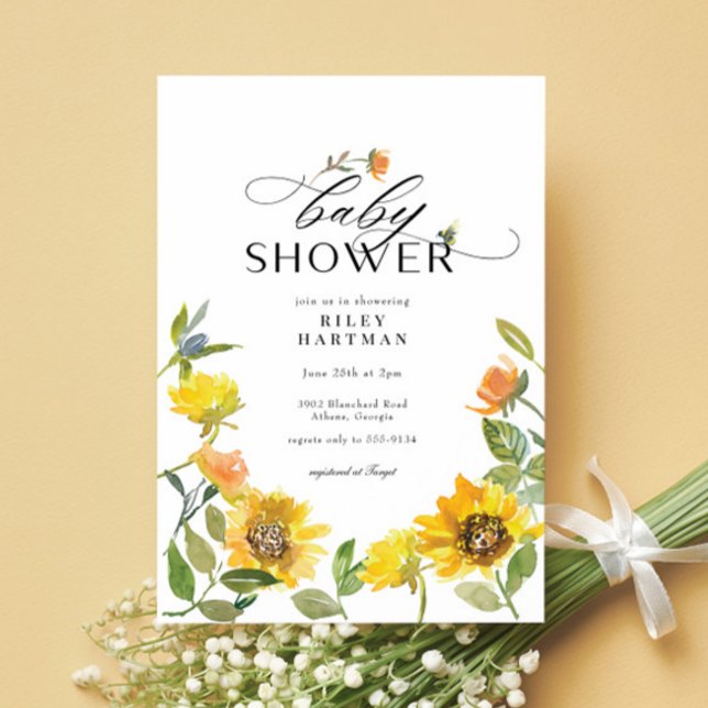 Elegant Yellow Sunflower Sunny Bee Baby Shower Invitation (Creator Uploaded)