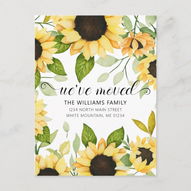 Elegant Yellow Sunflower Watercolor Floral Moving Announcement Postcard (Front)