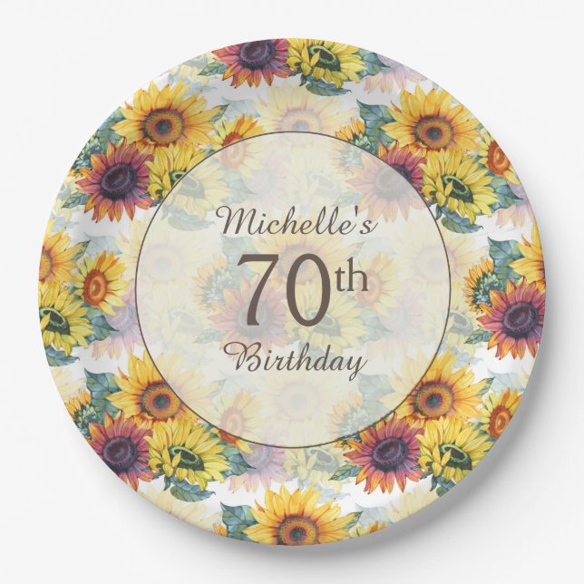 Elegant Yellow Sunflowers Greenery 70th Birthday Paper Plate (Front)