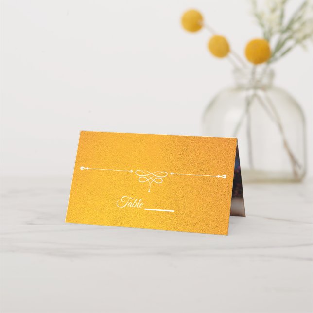 Elegant Yellow Textured Monogram Wedding Photo Place Card (Front)