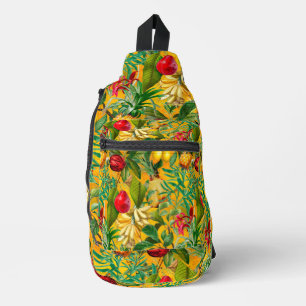 Elegant yellow tropical leaves fruits printed sling bag