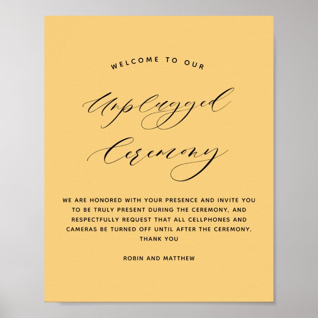 Elegant Yellow Unplugged Ceremony Wedding Sign (Front)