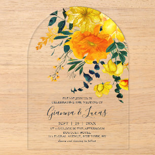 Elegant Yellow Watercolor Botanical Floral Wedding Acrylic Invitations