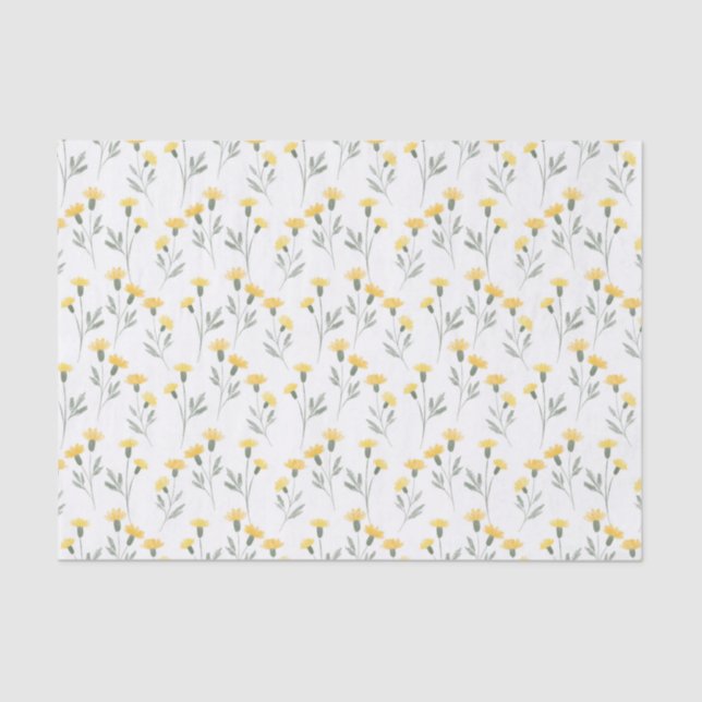 Elegant Yellow Watercolor Floral Blooms Pattern Tissue Paper (Front)