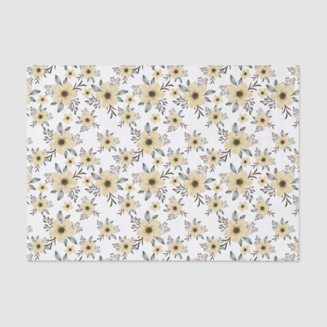 Elegant Yellow Watercolor Floral Blooms Pattern Tissue Paper (Front)