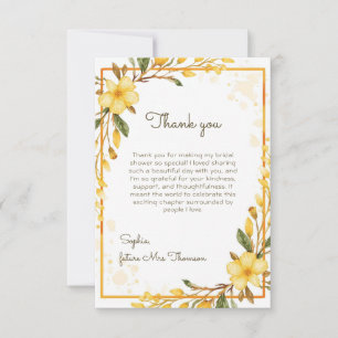 Elegant Yellow Watercolor Floral Bridal Shower Thank You Card