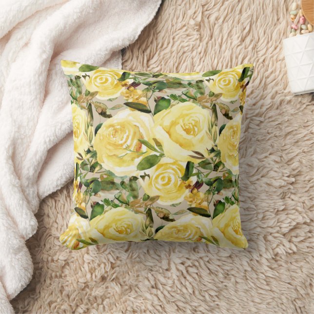 Elegant Yellow Watercolor Floral Roses Greenery  Cushion (Blanket)